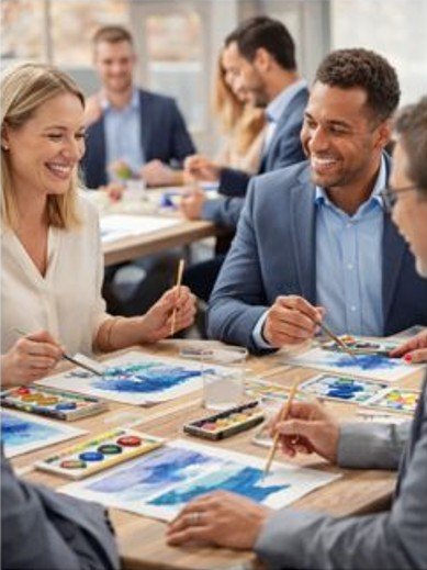 Professionals engaging in a creative watercolor session during a business or team-building event, focused on collaboration and presence.
