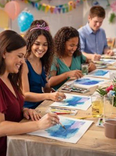 Adults participating in a guided watercolor art activity at a private gathering, creating in a relaxed and supportive social setting.
