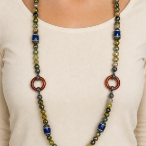 Features earthy green agate tones, vivid royal blue stones, and warm orange Carnelian accents.