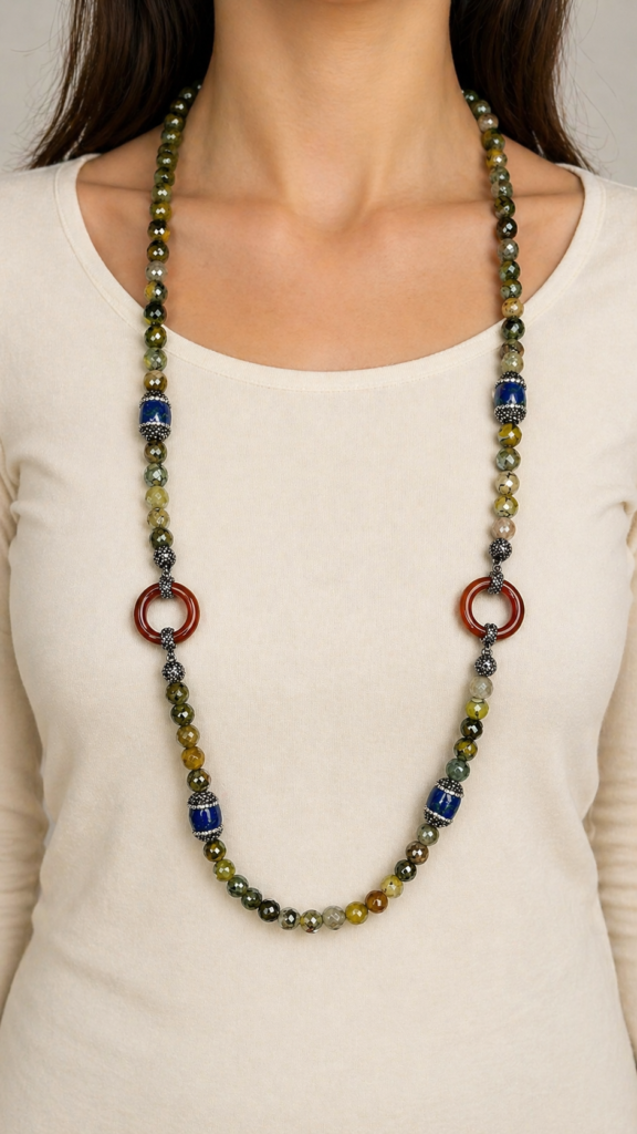 Features earthy green agate tones, vivid royal blue stones, and warm orange Carnelian accents.