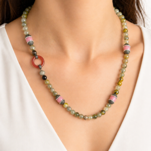 Made with polished Dragon Vein Agate style beads in earthy green and golden tones. Each necklace has unique stone patterns and natural variation.
