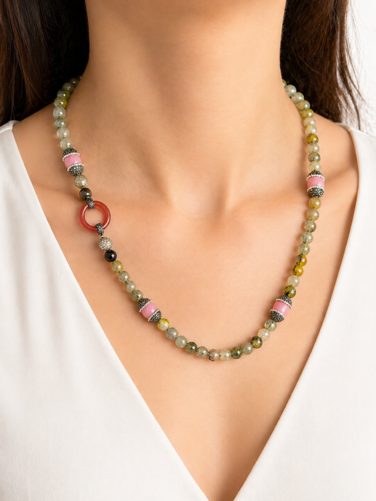 Made with polished Dragon Vein Agate style beads in earthy green and golden tones. Each necklace has unique stone patterns and natural variation.