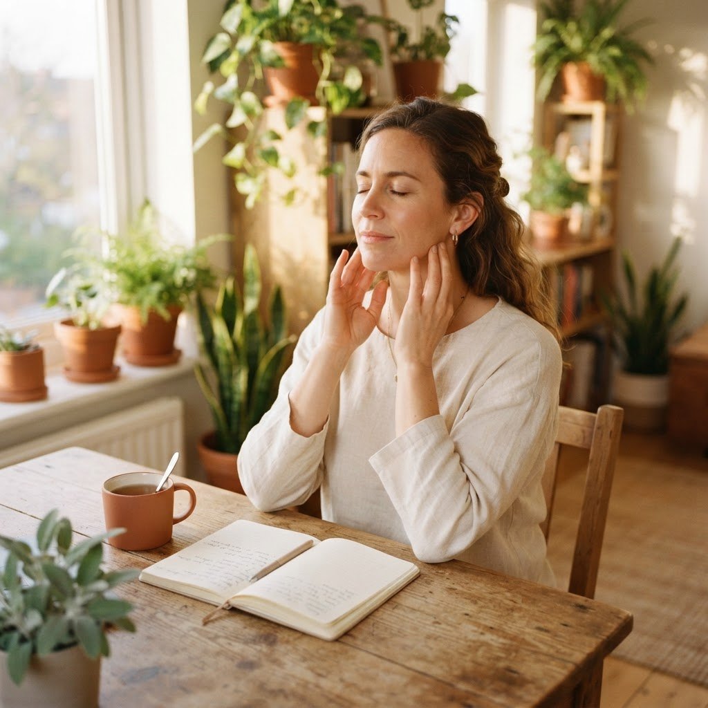 Woman with eyes closed gently massaging her jaw in a sunlit room with plants