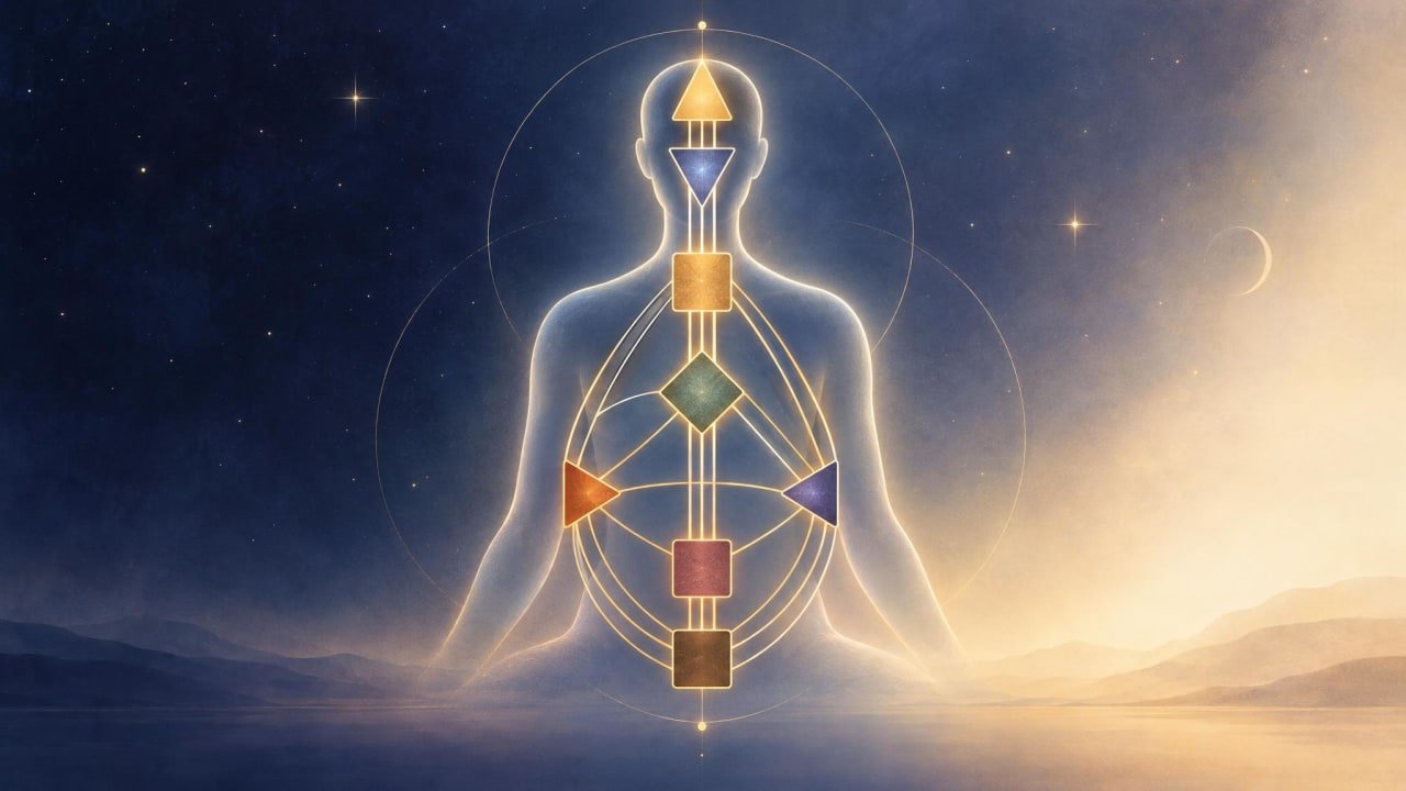What Is Human Design? A Beginner’s Guide to Your Chart, Type and Strategy | Empower Soul Path Abstract Human Design bodygraph with nine glowing energy centers connected by golden lines